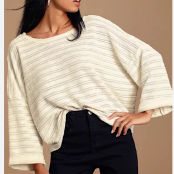 Lulus Tops - Lulu’s Pretty Cozy Ivory Striped Knit Sweater Top, Size Large
